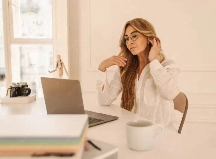 Freelancerka pracuje na notebooku ve světlé kanceláři